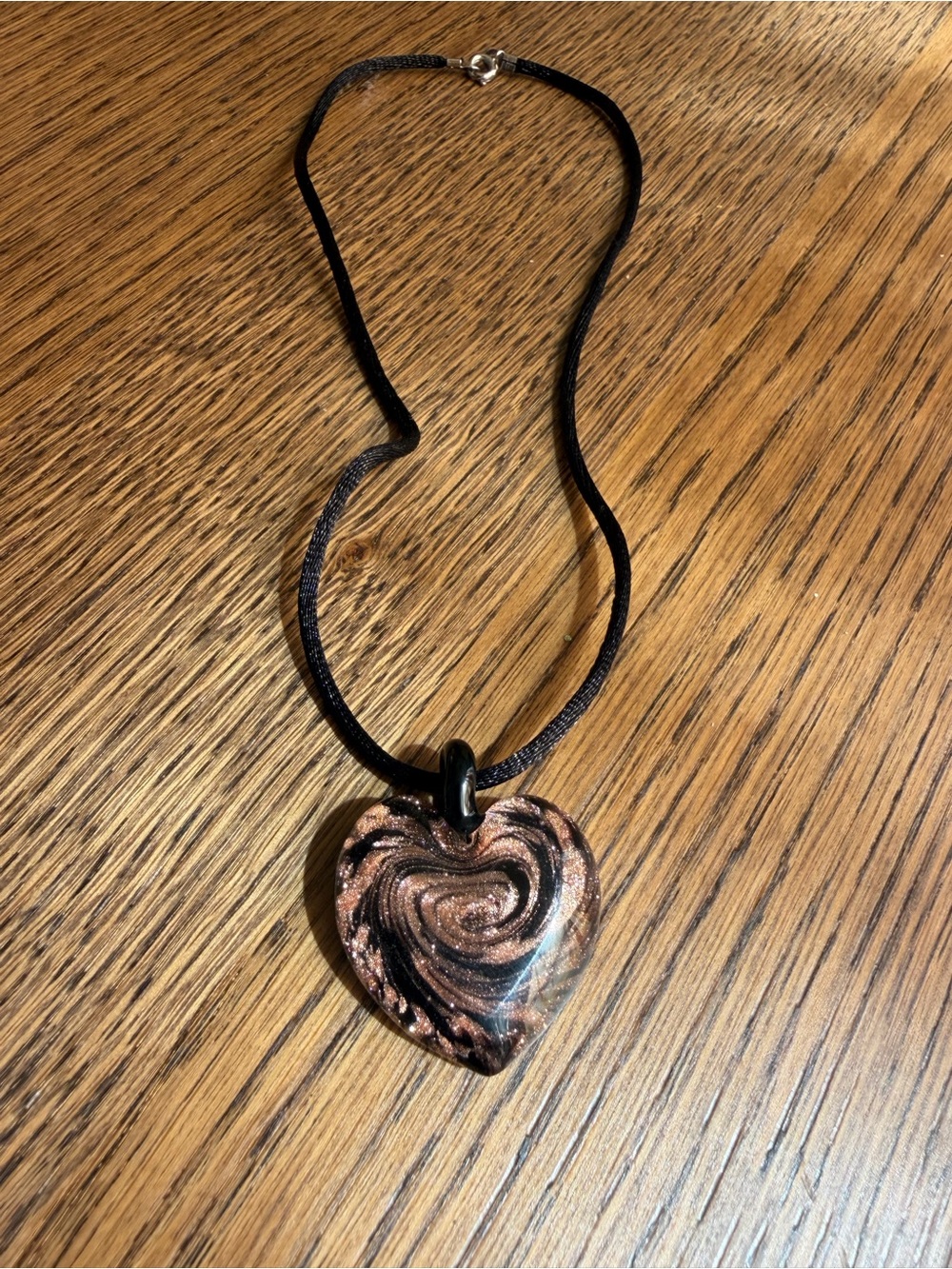 Vintage Murano Glass Heart Pendant Necklace Black Rose Gold Copper Swirl